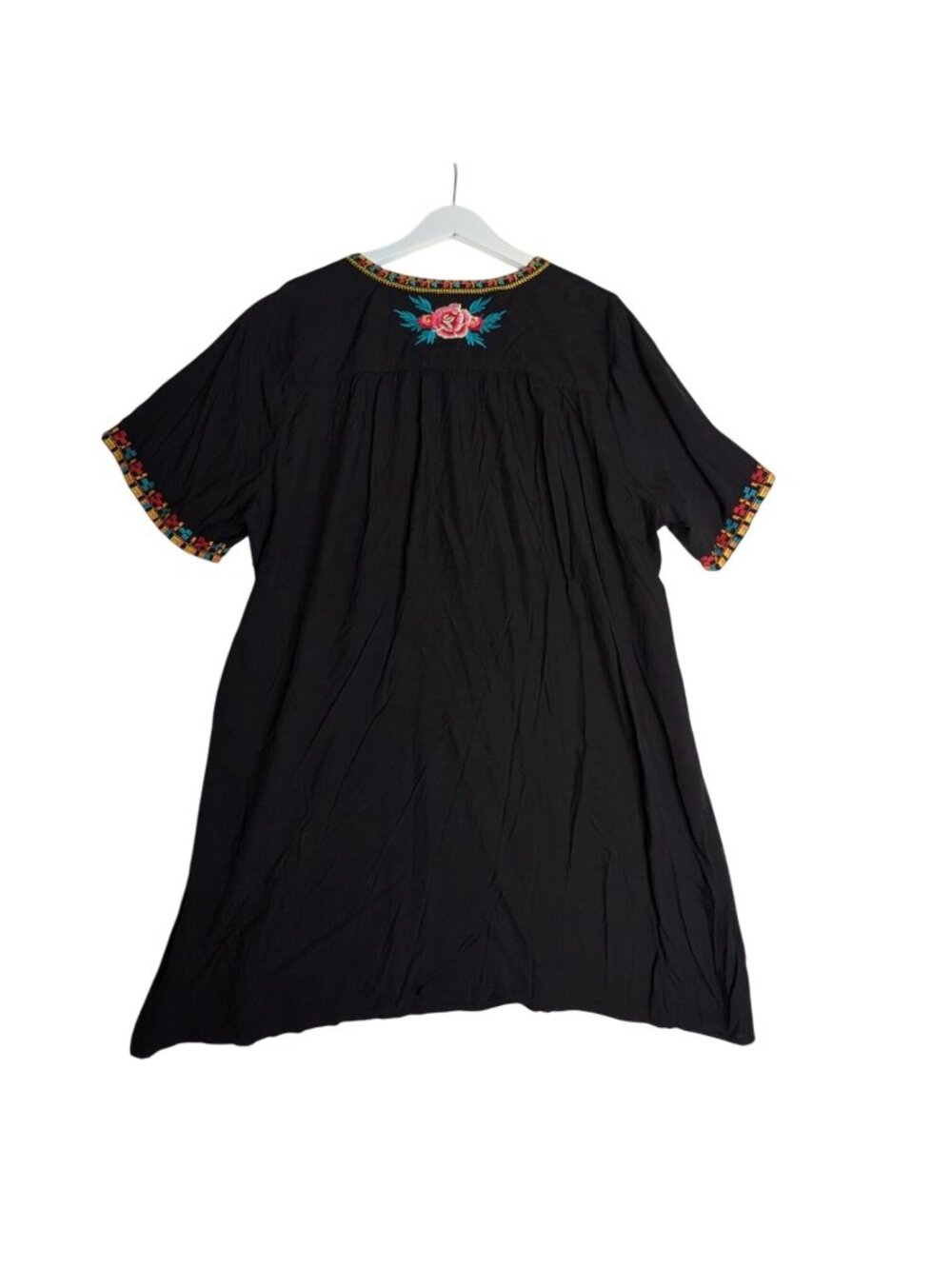 Boho Embroidered Black Mini Dress V Neck Short Sleeve Floral Casual Peasant XL S - Picture 3 of 13